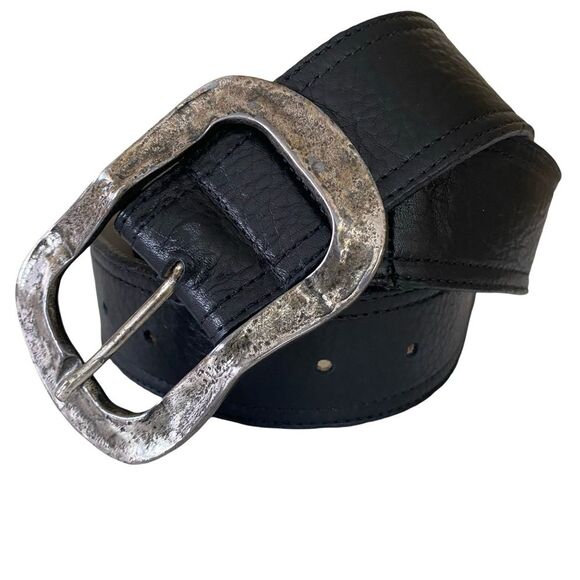Barbara & Company Leather Belt Black Silver Tone Buckle Size 34 - Picture 1 of 7